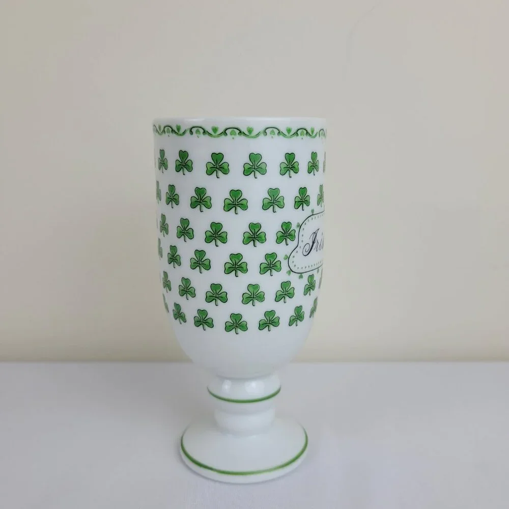 Vintage Irish Coffee Mug Footed Pedestal Green lucky Clover Shamrock 1345, Japan